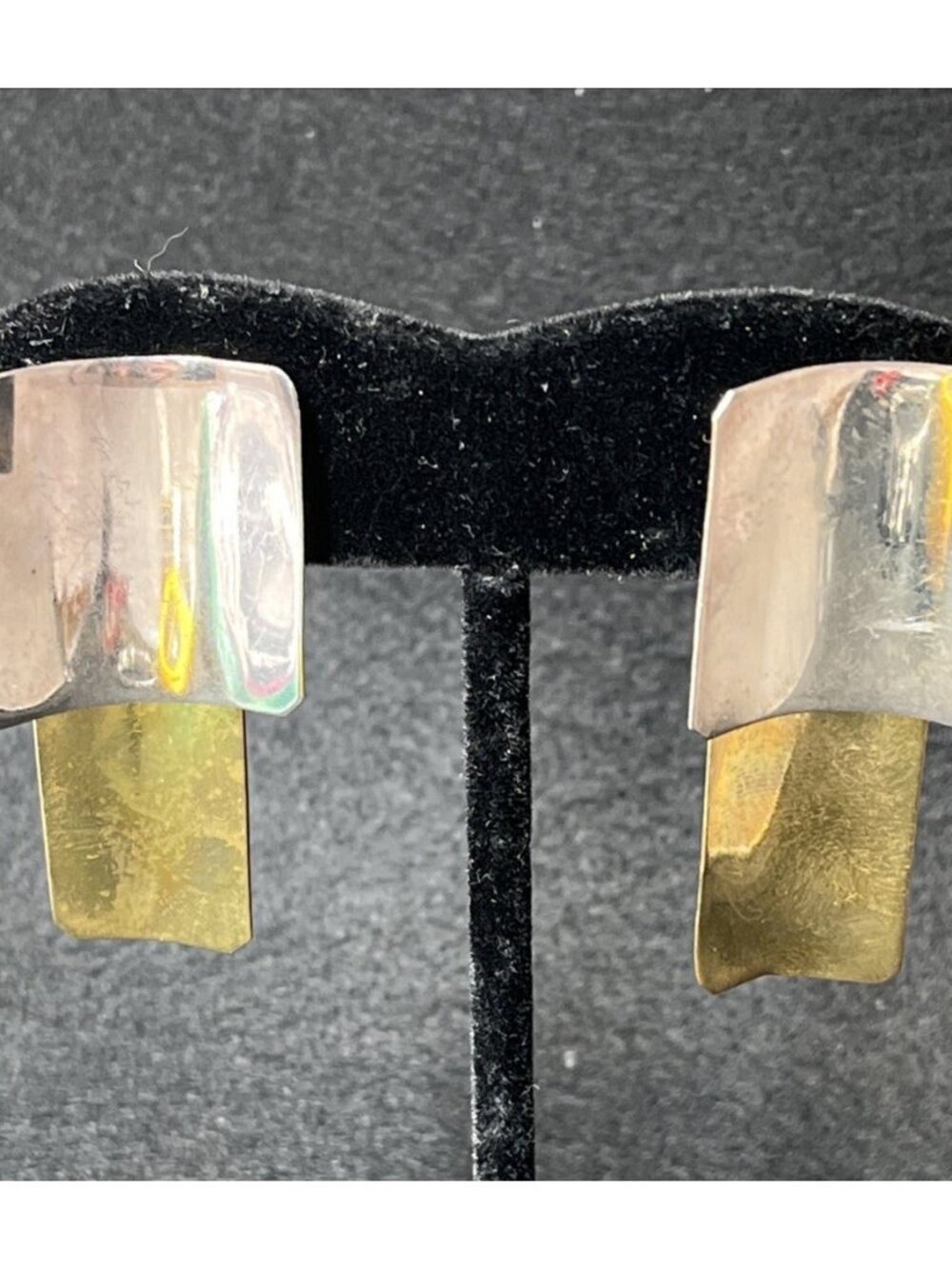 Vintage Taxco Sterling Silver Two Tone Modernist Post Earrings 2" Long 13.8g